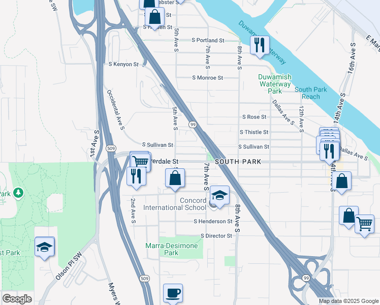 map of restaurants, bars, coffee shops, grocery stores, and more near 543 South Sullivan Street in Seattle