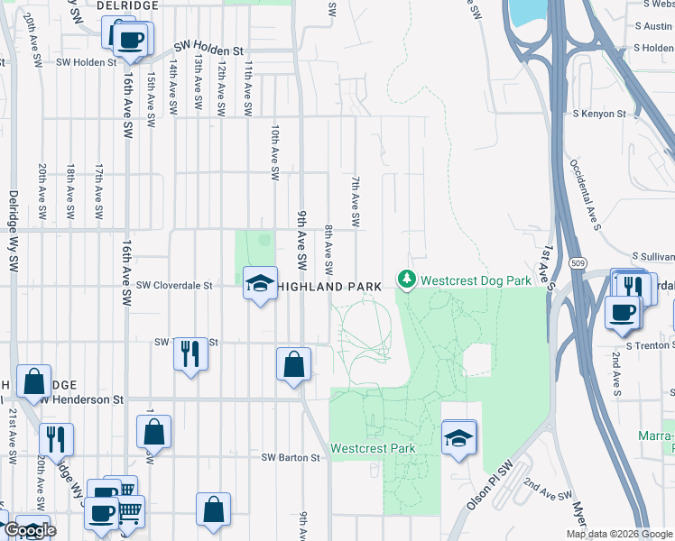 map of restaurants, bars, coffee shops, grocery stores, and more near 8427 7th Avenue Southwest in Seattle