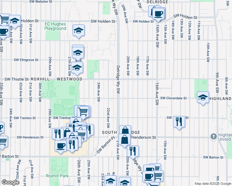 map of restaurants, bars, coffee shops, grocery stores, and more near 8426 22nd Avenue Southwest in Seattle