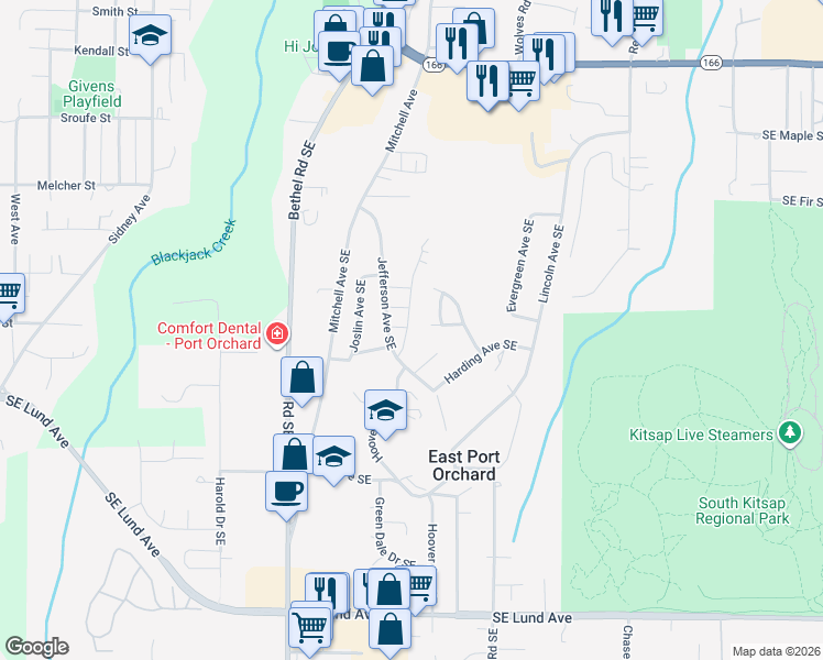 map of restaurants, bars, coffee shops, grocery stores, and more near 1920 Southeast Silktassel Way in Port Orchard