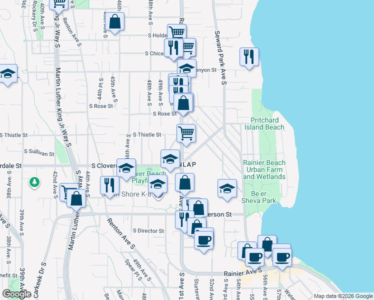 map of restaurants, bars, coffee shops, grocery stores, and more near 8422 Rainier Avenue South in Seattle