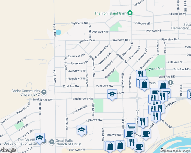 map of restaurants, bars, coffee shops, grocery stores, and more near 228 Riverview Boulevard in Great Falls