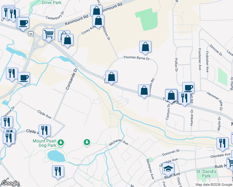 map of restaurants, bars, coffee shops, grocery stores, and more near 1171 Topsail Road in Mount Pearl