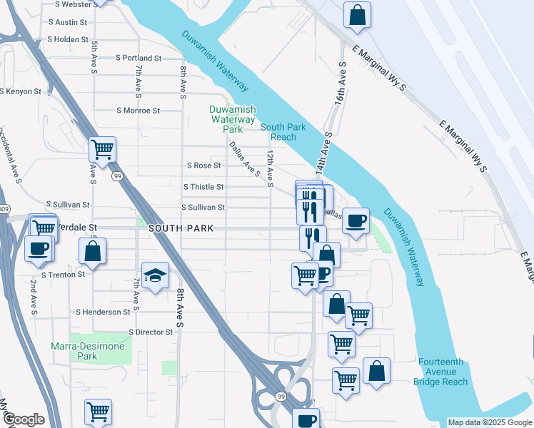 map of restaurants, bars, coffee shops, grocery stores, and more near 8501 12th Avenue South in Seattle