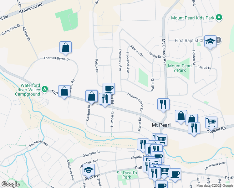 map of restaurants, bars, coffee shops, grocery stores, and more near 6 Hemmer Jane Drive in Mount Pearl
