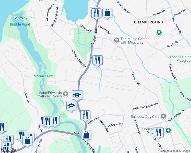 map of restaurants, bars, coffee shops, grocery stores, and more near 21 Cabot Road in Conception Bay South