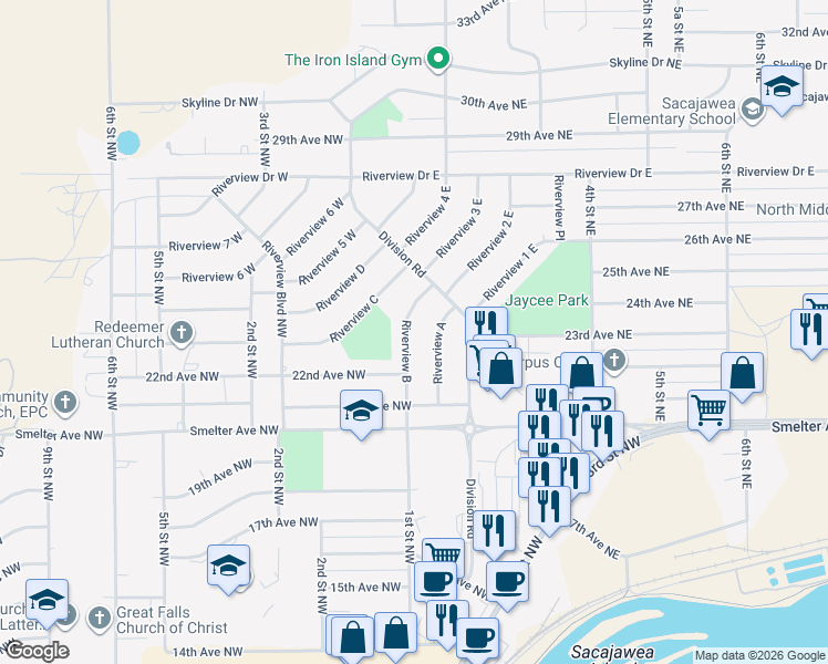 map of restaurants, bars, coffee shops, grocery stores, and more near 111 Riverview A in Great Falls