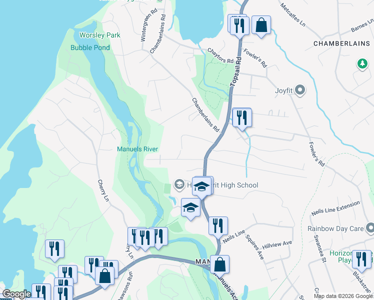map of restaurants, bars, coffee shops, grocery stores, and more near 35 Mercers Road in Conception Bay South