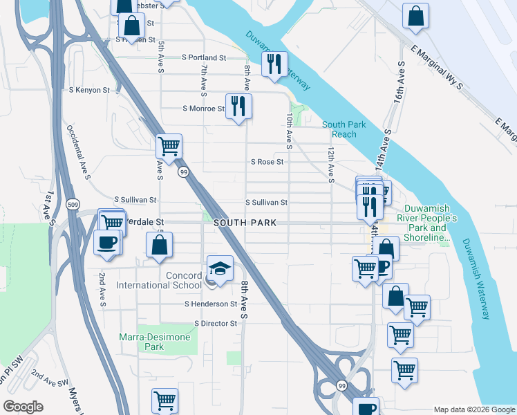 map of restaurants, bars, coffee shops, grocery stores, and more near 816 South Sullivan Street in Seattle