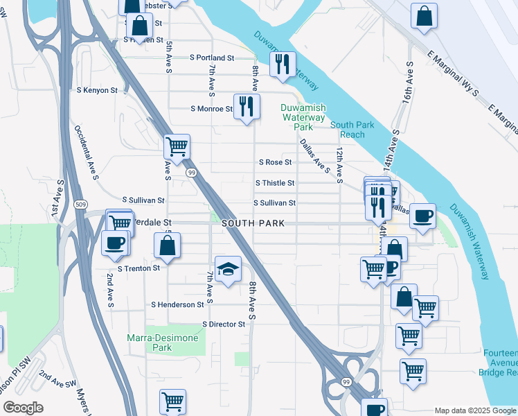 map of restaurants, bars, coffee shops, grocery stores, and more near 816 South Sullivan Street in Seattle