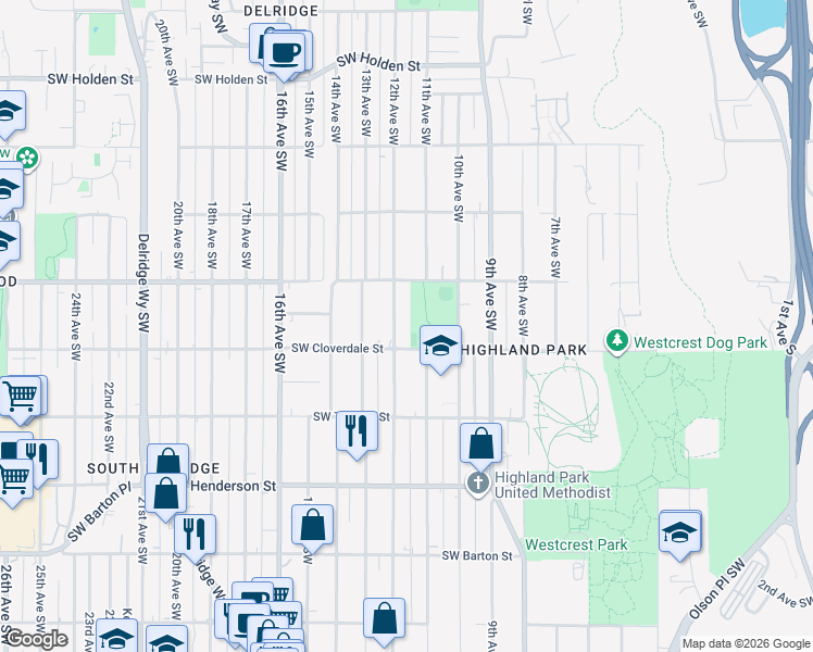 map of restaurants, bars, coffee shops, grocery stores, and more near 8432 12th Avenue Southwest in Seattle