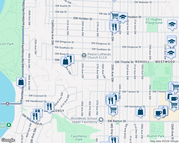 map of restaurants, bars, coffee shops, grocery stores, and more near 3727 Southwest Sullivan Street in Seattle