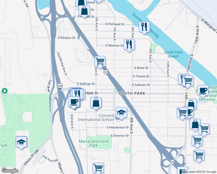map of restaurants, bars, coffee shops, grocery stores, and more near 545 South Sullivan Street in Seattle
