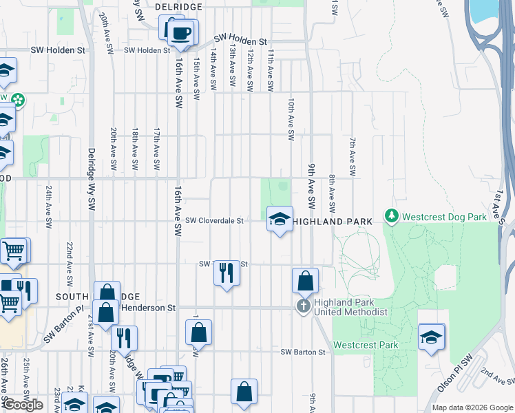 map of restaurants, bars, coffee shops, grocery stores, and more near 8432 12th Avenue Southwest in Seattle
