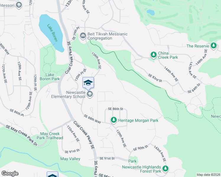map of restaurants, bars, coffee shops, grocery stores, and more near 13752 Southeast 84th Street in Newcastle