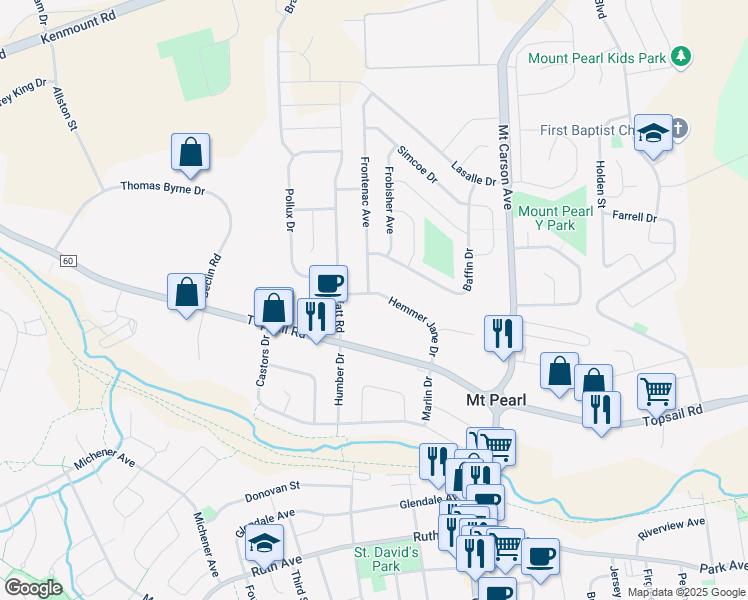 map of restaurants, bars, coffee shops, grocery stores, and more near 14 Hemmer Jane Drive in Mount Pearl