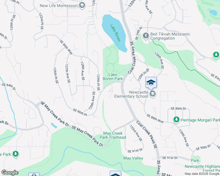 map of restaurants, bars, coffee shops, grocery stores, and more near 8400 130th Place Southeast in Newcastle