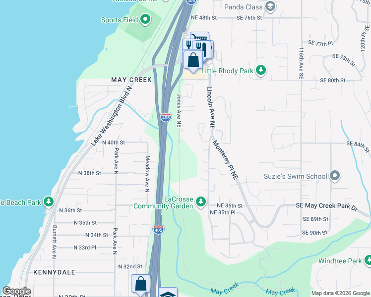 map of restaurants, bars, coffee shops, grocery stores, and more near 4016 Jones Avenue Northeast in Renton