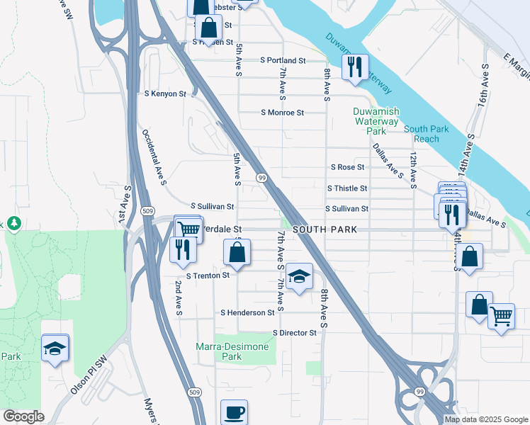 map of restaurants, bars, coffee shops, grocery stores, and more near 543 South Sullivan Street in Seattle