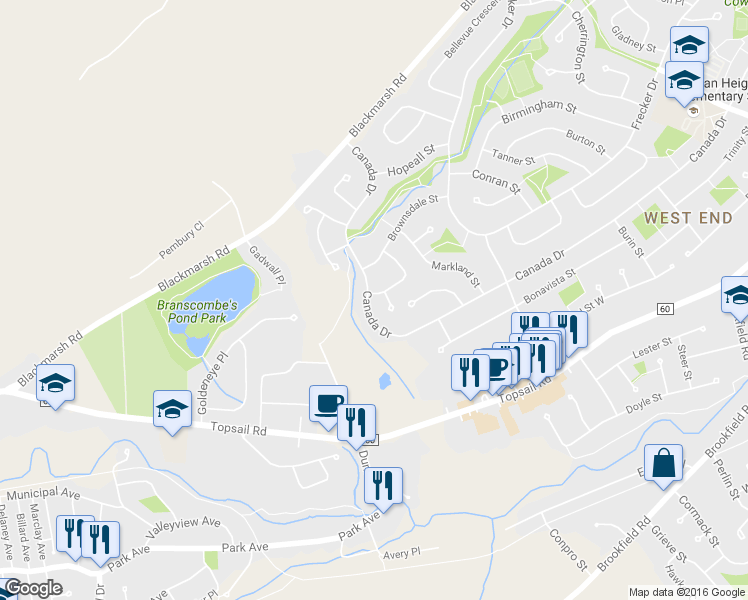 map of restaurants, bars, coffee shops, grocery stores, and more near 262 Canada Drive in St. John's