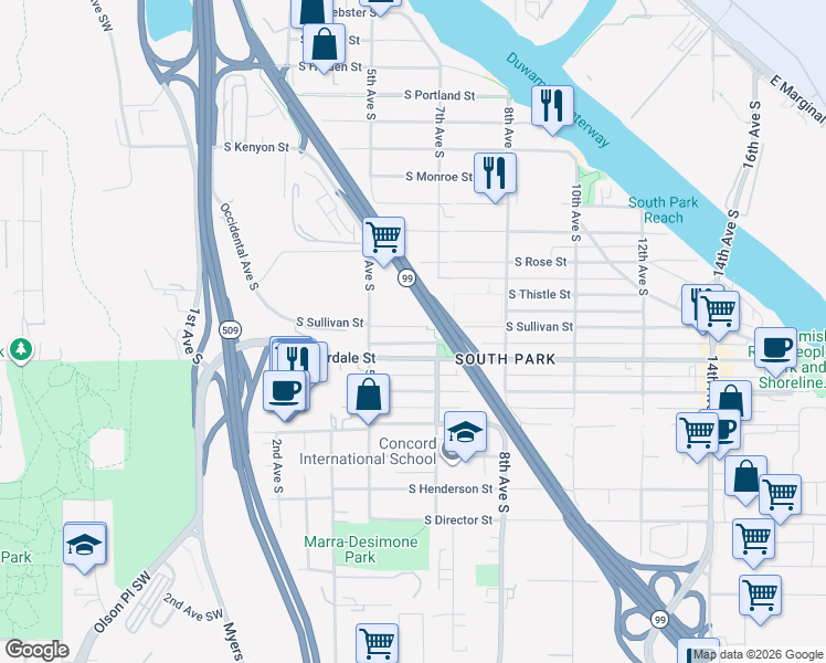 map of restaurants, bars, coffee shops, grocery stores, and more near 543 South Sullivan Street in Seattle