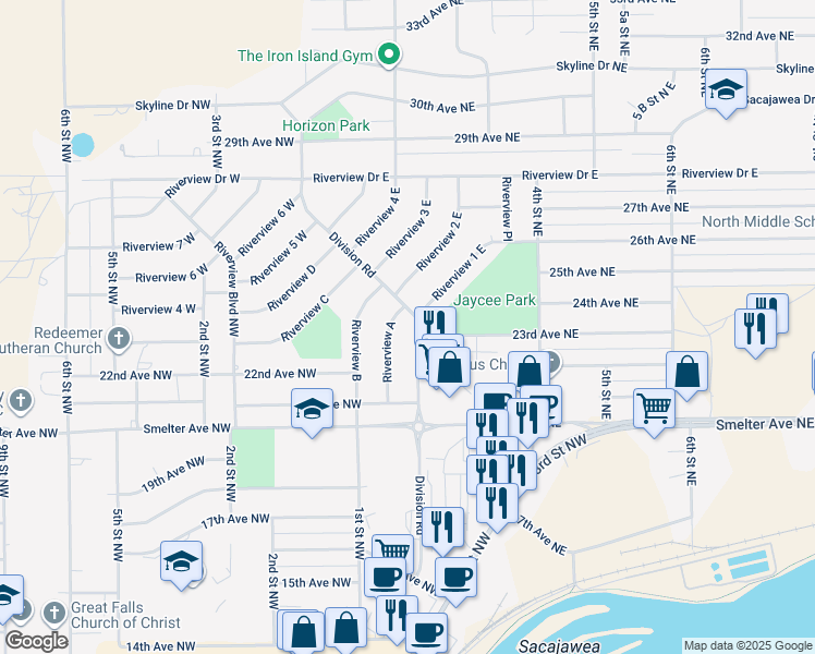 map of restaurants, bars, coffee shops, grocery stores, and more near 52-98 Division Road in Great Falls