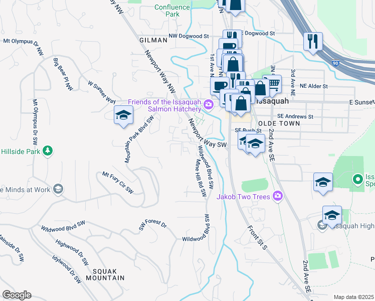 map of restaurants, bars, coffee shops, grocery stores, and more near 210 Southwest Clark Street in Issaquah