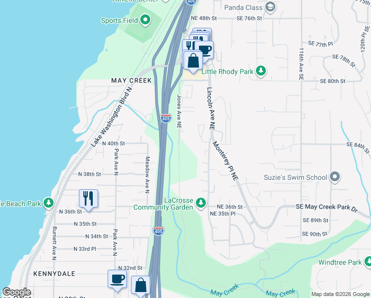 map of restaurants, bars, coffee shops, grocery stores, and more near 4016 Jones Avenue Northeast in Renton