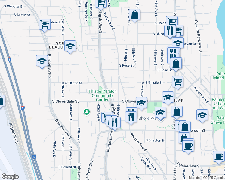 map of restaurants, bars, coffee shops, grocery stores, and more near 8411 44th Avenue South in Seattle