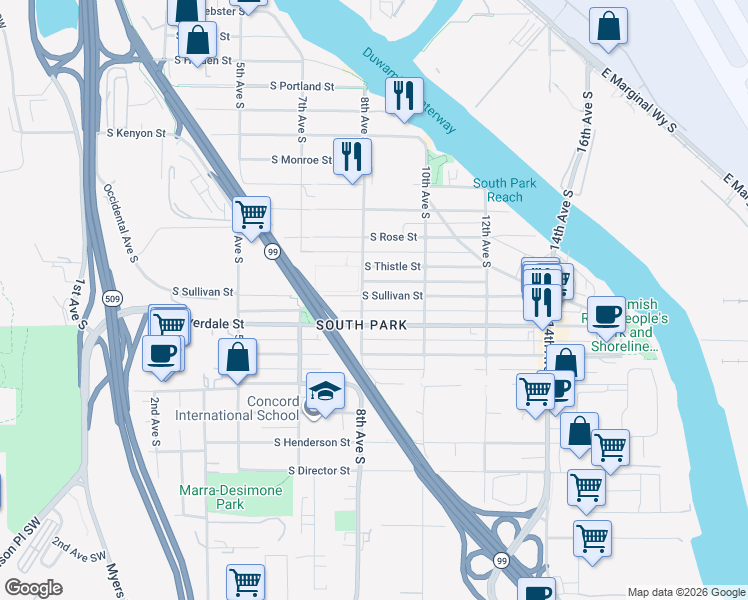 map of restaurants, bars, coffee shops, grocery stores, and more near 816 South Sullivan Street in Seattle