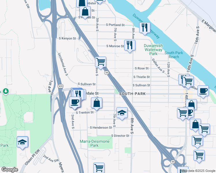 map of restaurants, bars, coffee shops, grocery stores, and more near 543 South Sullivan Street in Seattle