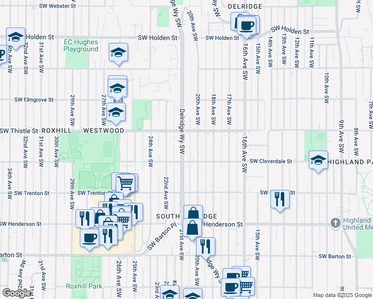 map of restaurants, bars, coffee shops, grocery stores, and more near 8425 20th Avenue Southwest in Seattle