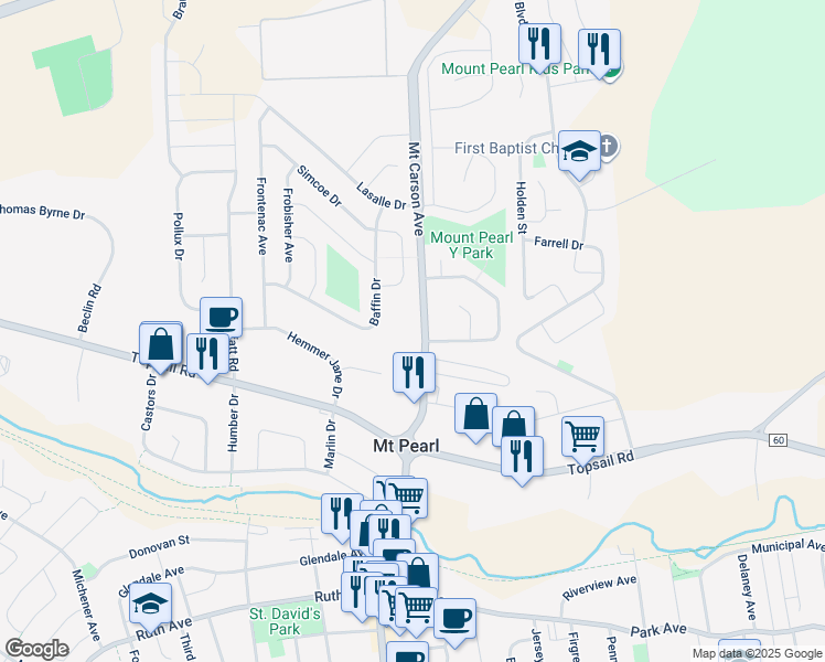 map of restaurants, bars, coffee shops, grocery stores, and more near 25 Mount Carson Avenue in Mount Pearl