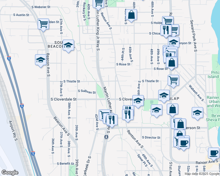 map of restaurants, bars, coffee shops, grocery stores, and more near 8411 44th Avenue South in Seattle