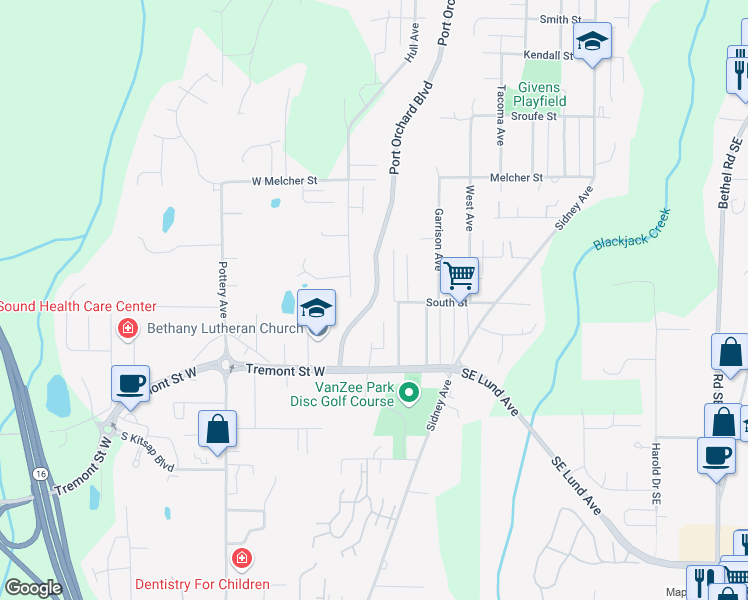 map of restaurants, bars, coffee shops, grocery stores, and more near 1341 Port Orchard Boulevard in Port Orchard