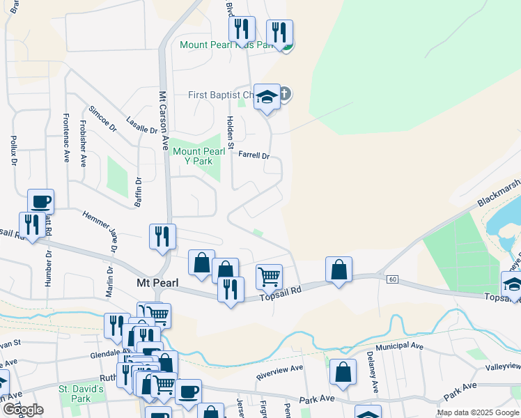 map of restaurants, bars, coffee shops, grocery stores, and more near 25 Nash Crescent in Mount Pearl