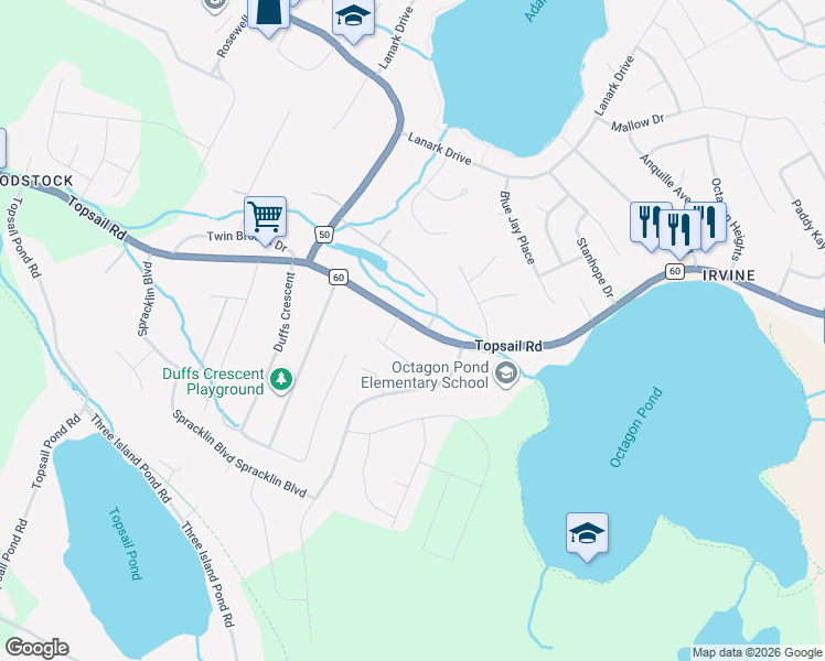 map of restaurants, bars, coffee shops, grocery stores, and more near 1796 Newfoundland and Labrador 60 in Paradise