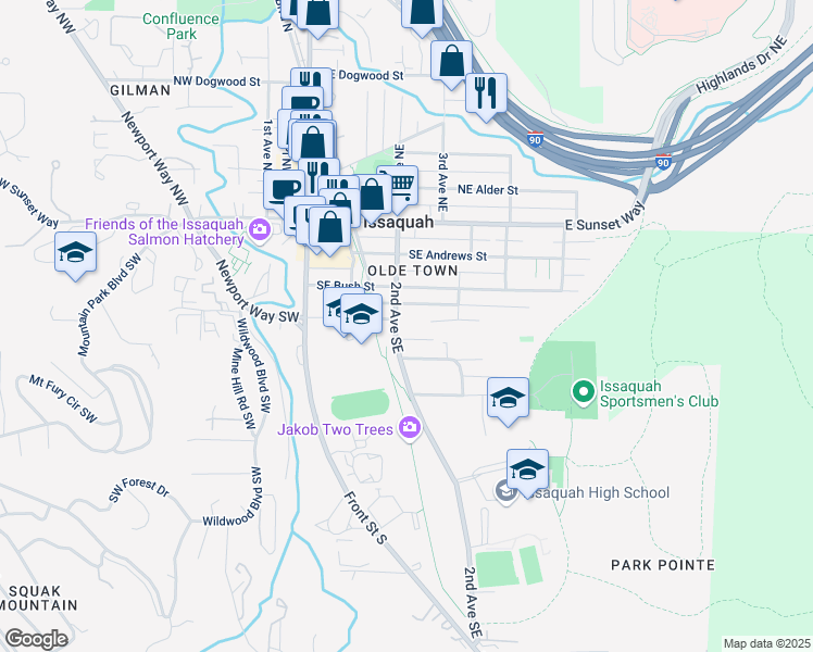 map of restaurants, bars, coffee shops, grocery stores, and more near 240 Southeast Donnelly Lane in Issaquah