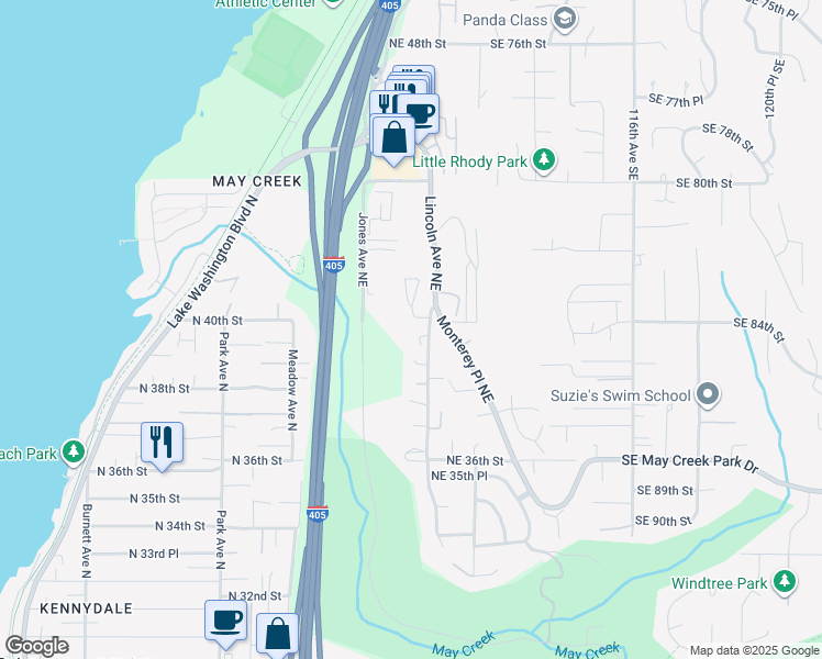 map of restaurants, bars, coffee shops, grocery stores, and more near 3925 Lincoln Ave NE in Renton
