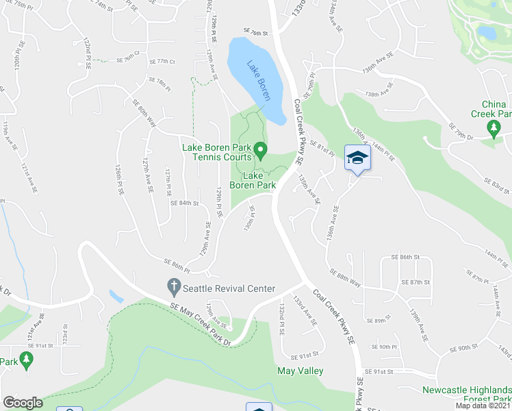 map of restaurants, bars, coffee shops, grocery stores, and more near 8400 130th Place Southeast in Newcastle