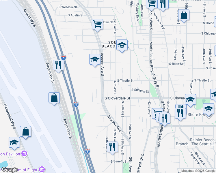 map of restaurants, bars, coffee shops, grocery stores, and more near 8410 Beacon Avenue South in Seattle