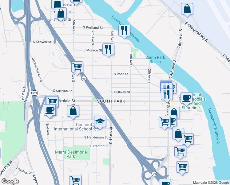 map of restaurants, bars, coffee shops, grocery stores, and more near 816 South Sullivan Street in Seattle