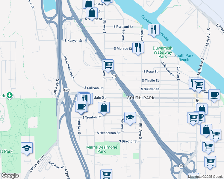 map of restaurants, bars, coffee shops, grocery stores, and more near 543 South Sullivan Street in Seattle