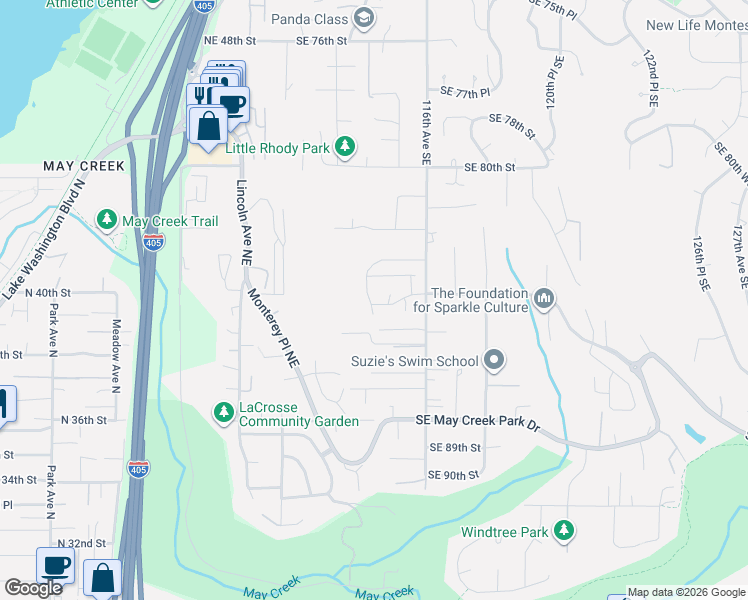 map of restaurants, bars, coffee shops, grocery stores, and more near 11428 Southeast 84th Street in Newcastle