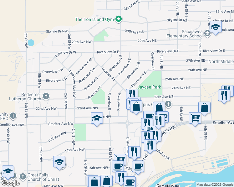 map of restaurants, bars, coffee shops, grocery stores, and more near 111 Riverview A in Great Falls