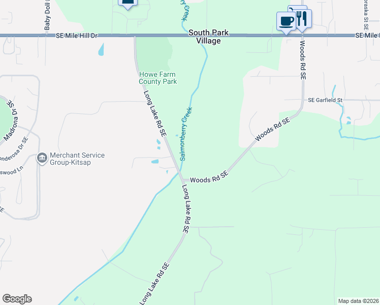 map of restaurants, bars, coffee shops, grocery stores, and more near 2299 Long Lake Road Southeast in Port Orchard