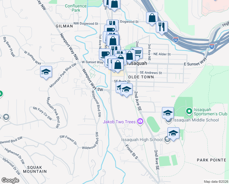 map of restaurants, bars, coffee shops, grocery stores, and more near 75 Southeast Clark Street in Issaquah
