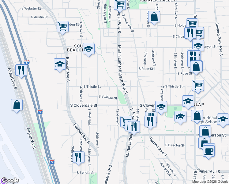 map of restaurants, bars, coffee shops, grocery stores, and more near 8415 42nd Avenue South in Seattle