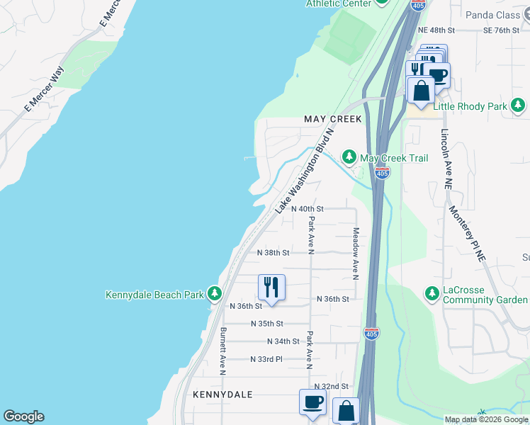 map of restaurants, bars, coffee shops, grocery stores, and more near 3909 Lake Washington Boulevard North in Renton