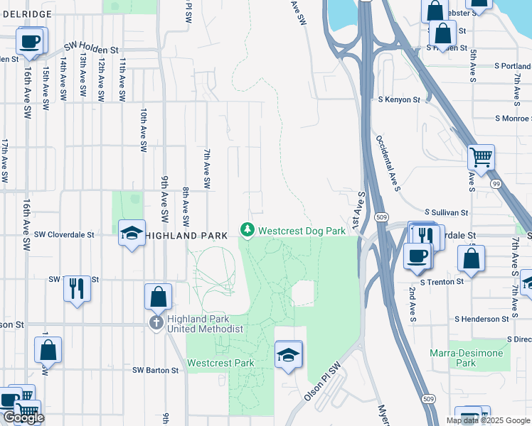 map of restaurants, bars, coffee shops, grocery stores, and more near 8430 5th Avenue Southwest in Seattle